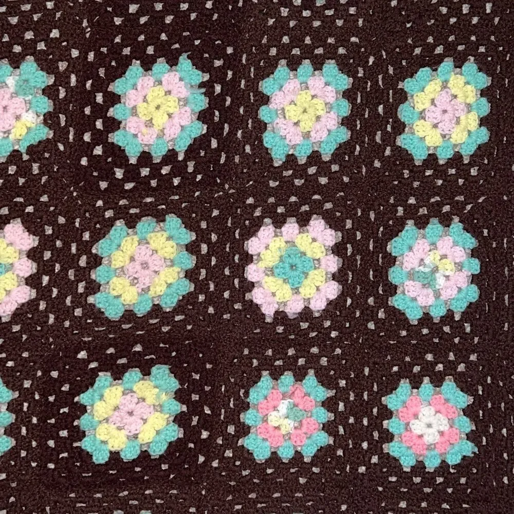 Vintage Handmade Brown Multicolor Granny Square Crochet Blanket Throw Afgan EUC